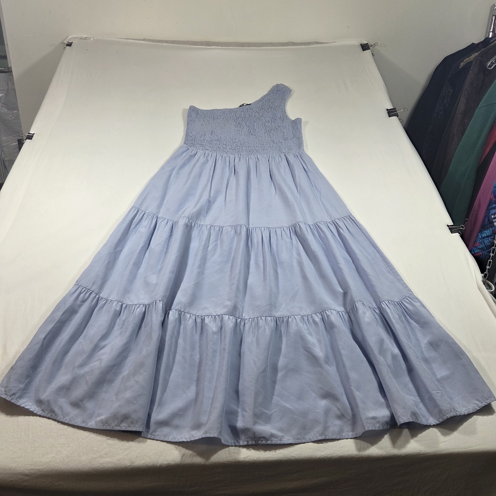 One Shoulder Smocked One-Shoulder Tiered Midi Dress Light Blue Feminine Summer - Picture 10 of 13